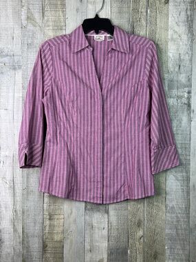 Riders By Lee Small Pin Striped Hidden Button Front V-Neck 3/4 Sleeves Top Shirt